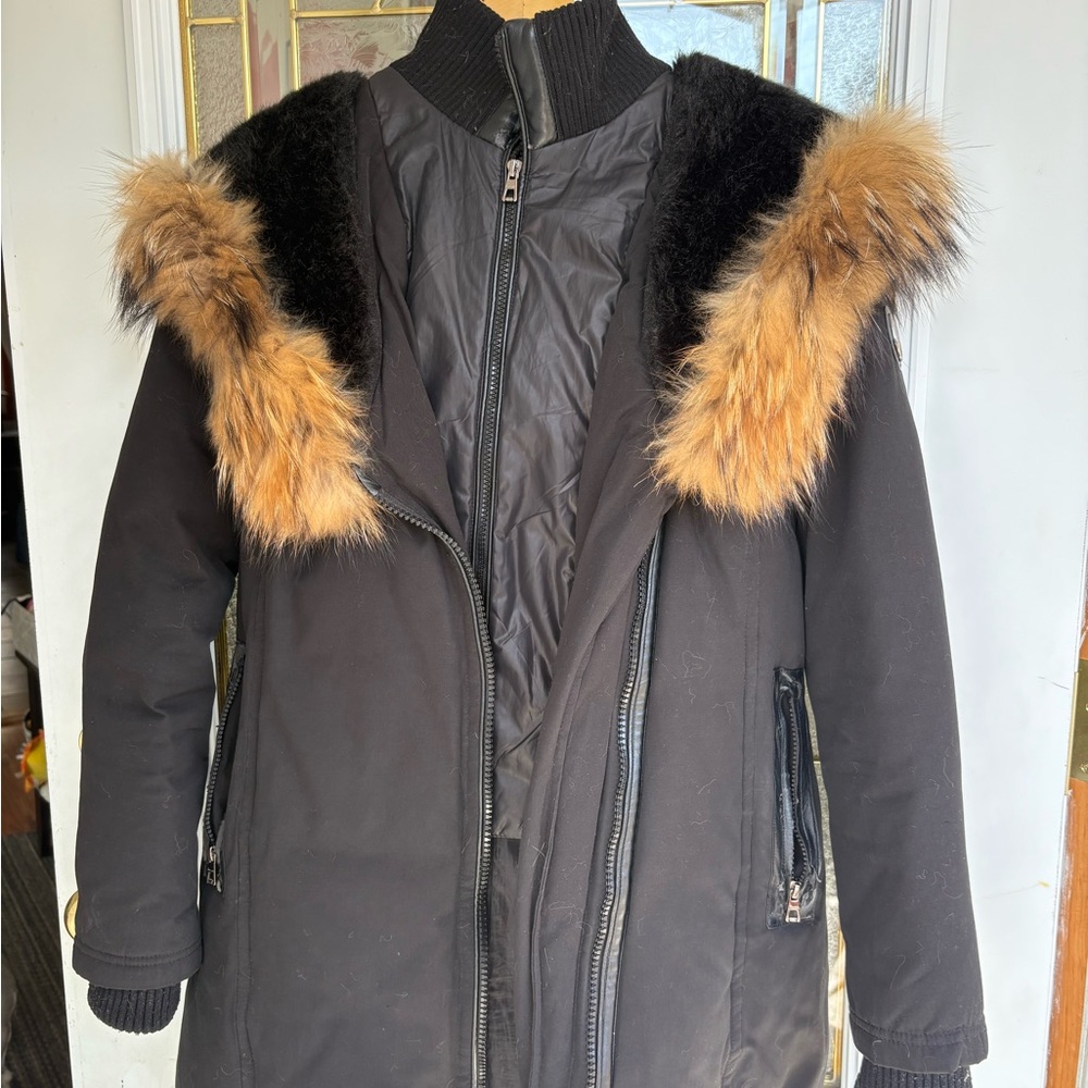 Black and Brown Puffer Coat with Fur-Trimmed Hood